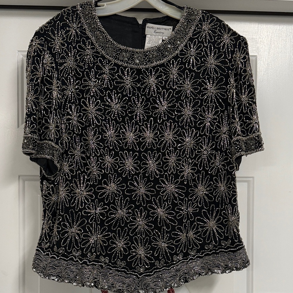 Papell Boutique Black and Silver Floral Beaded Blouse